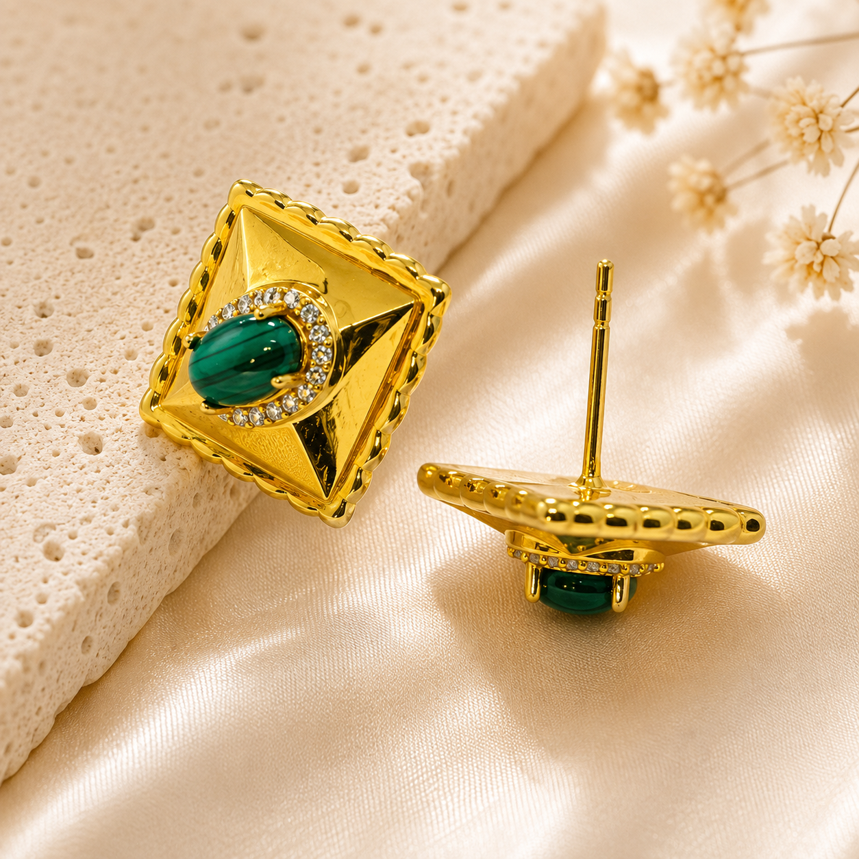 Malachite Diamond Stud Earrings